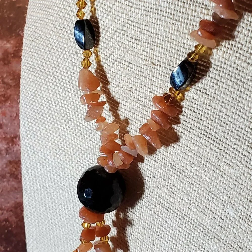 Handcrafted Hematite Red Aventurine Agate Gemstone Beads Pendant Necklace
